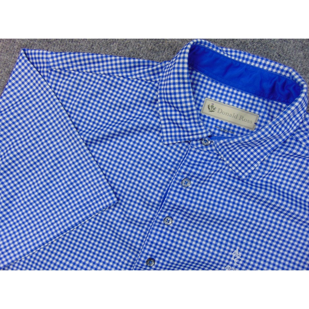 Donald Ross Polo‎ Shirt Men Large Blue Gingham Check Short Sleeve Golf Perform